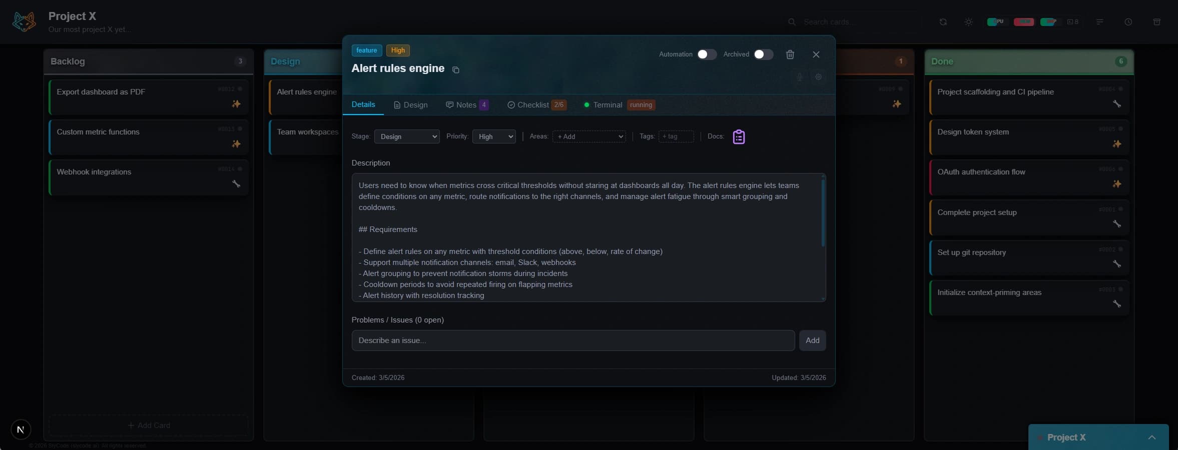 Card detail view showing the Alert Rules Engine description, requirements, and problem tracker