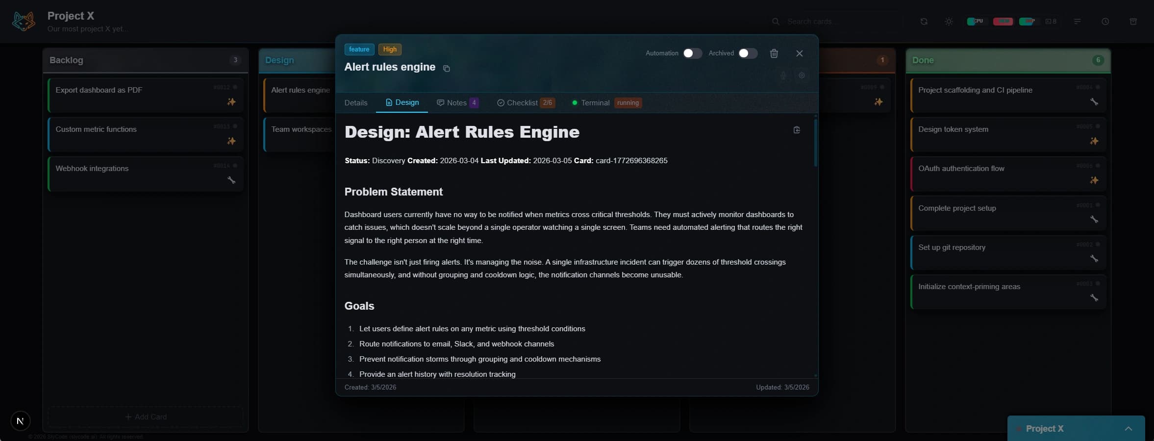 Design document rendered inline within a card, showing the Alert Rules Engine specification
