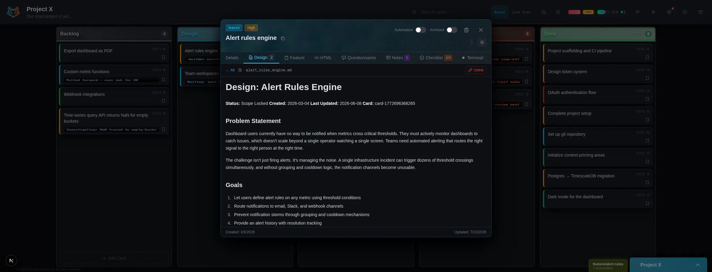 Design document rendered inline within a card, alongside tabs for feature specs, questionnaires, notes, checklist, and terminal